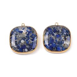 Синий 304 подвески из нержавеющей стали, квадрат с эпоксидной смолой и натуральным лазуритом, вакуумное покрытие pvd, реальный 18 k позолоченный, синие, 22x20x5~6.5 мм, отверстие : 1.6 мм