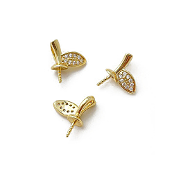 Golden Brass Micro Pave Clear Cubic Zirconia Leaf Peg Bails Pin Charms, for Baroque Pearl Making, Golden, 8x10mm