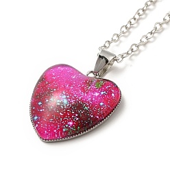 Deep Pink Glass Heart with Cloud Pendant Necklace, Platinum Alloy Jewelry for Women, Deep Pink, 20.24 inch(51.4cm)