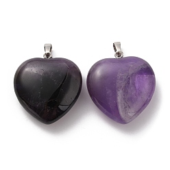 Amethyst Natural Amethyst Pendants, Heart Charms, with Rack Plating Platinum Tone Brass Snap on Bails, 32~33x30~31x12~13mm, Hole: 5x8mm