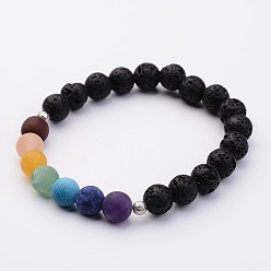Lava Rock Natural Lava Rock Bead Stretch Bracelets, with Natural Gemstone Beads & Platinum Brass Beads, 1-7/8 inch(49mm)