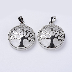 Quartz Crystal Natural Quartz Crystal Pendants, Rock Crystal Pendants, with Platinum Plated Brass Findings, Flat Round with Tree of Life, 31x27x8mm, Hole: 3.5x7mm