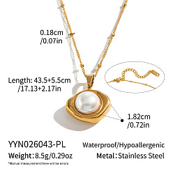 Oval 304 Stainless Steel Geometric Pendant Satellite Chain Necklaces for Women, with Imitation Pearl, White, Real 18K Gold Plated, Oval, 17.13 inch(43.5cm)