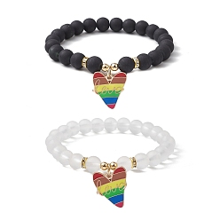 Heart 2Pcs 2 Style Synthetic Hematite & Glass Round Beaded Stretch Bracelets Set, Pride Rainbow Flag Alloy Enamel Charms Stackable Bracelets, Heart, Inner Diameter: 2-1/4~2-3/8 inch(5.6~5.9cm), 1Pc/style