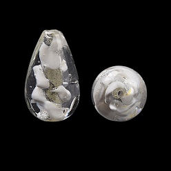 White Handmade Silver Foil Glass Beads, Teardrop, White, 25x15mm, Hole: 1.5mm