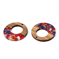 Red Transparent Resin & Walnut Wood Pendants, with Gold Foil, Donut Charms, Red, 38x3mm, Hole: 2mm