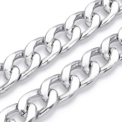 Platinum Aluminum Curb Chains, Diamond Cut Cuban Link Chains, Unwelded, Platinum, 20x13.5x3.5mm