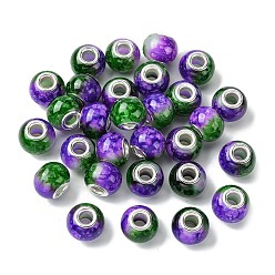 Purple Two Tone Glass European Beads, Large Hole Beads, with Silver Tone Brass Double Cores, Rondelle, Purple, 15x11mm, Hole: 5mm