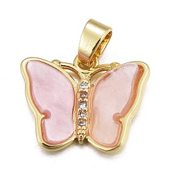 Pink Подвески из смолы, с золотистым латунным микропаве, фурнитура из фианита, бабочка, розовые, 14x17.5x3 мм, отверстие : 3.5x5.5 мм