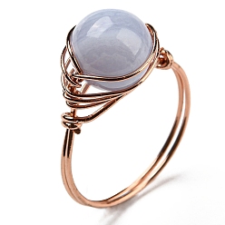 Blue Lace Agate Natural Blue Lace Agate Round Finger Ring, Rack Plating Rose Gold Brass Wire Wrap Ring, Inner Diameter: 20mm