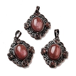 Вишневый Кварц Подвески в форме ромба из синтетического вишневого кварцевого стекла, подвески из латуни красного медного тона, 34x27x8 мм, отверстие : 8x5 мм