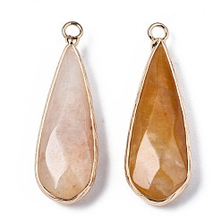 Topaz Jade Natural Topaz Jade Pendants, with Golden Plated Brass Edge and Loop, Teardrop, Faceted, 36~37x12x6mm, Hole: 2.5mm