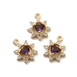 Темная Орхидея Латунные микро проложить кубического циркония прелести, цветок с сердцем, долговечный, стойки покрытие, без свинца и без кадмия, реальный 18 k позолоченный, темные орхидеи, 12.5x10.5x3.5 мм, отверстие : 1.2 мм