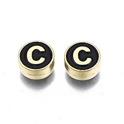 Letter C Alloy Enamel Beads, Cadmium Free & Lead Free, Light Gold, Flat Round with Alphabet, Black, Letter.C, 8x4mm, Hole: 1.5mm