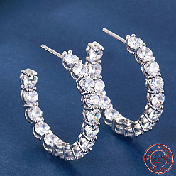 Platinum Rhodium Plated 925 Sterling Silver Ring Stud Earrings, Half Hoop Earrings with Cubic Zirconia, Platinum, 30mm