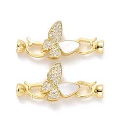 Golden Brass Micro Pave Clear Cubic Zirconia Fold Over Clasps, with White Shell, Cadmium Free & Lead Free, Butterfly, Golden, Butterfly: 15x16x7mm, Clasp: 14x8x6mm, Inner Diameter: 4.4mm, Hole: 5~7.5x3.5mm