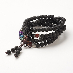 Lava Rock Yoga Chakra Jewelry, Natural Lava Rock Beads Wrap Bracelets, Four Loops, with Alloy Findings, 29.4 inch(74.8cm)