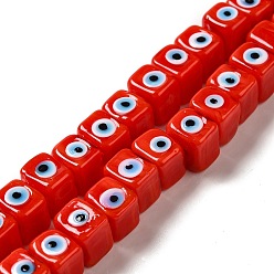 Red Handmade Evil Eye Lampwork Beads Strands, Cuboid, Red, 8~8.5x9.5~10x10~11mm, Hole: 3.7mm, about 40pcs/strand, 12.68 inch(32.2cm)