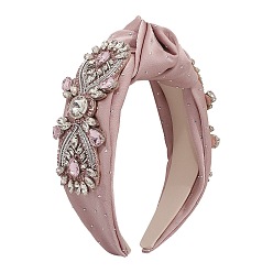 Pink Crystal Rhinestone Baroque Wide Head Bands for Women, with Stain Fabric Wrapped Zinc Alloy and Claw Chains, Pink, 190x140x60mm