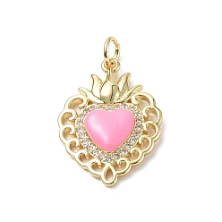 Pearl Pink Eco-Friendly Rack Plating Brass Micro Pave Cubic Zirconia Pendants, with Enamel & Jump Ring, Long-Lasting Plated, Lead Free & Cadmium Free, Sacred Heart Charm, Real 18K Gold Plated, Pearl Pink, 23x16.5x4mm, Hole: 3.4mm