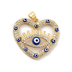 Medium Blue Rack Plating Brass Micro Pave Clear Cubic Zirconia Pendants, with Enamel, Cadmium Free & Lead Free, Heart with Evil Eye, Real 18K Gold Plated, Medium Blue, 24.5x27x4.5mm, Hole: 3x3.7mm