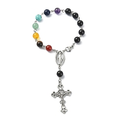 Black Onyx Natural Black Onyx & Mixed Gemstone Rosary Bead Bracelet, Alloy Cross & Virgin Mary Charm Bracelet for Women, 7-1/4 inch(18.5cm)