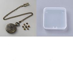 Античная Бронза Винтажные карманные часы из сплава, плоские, круглые, полые, с латунной цепочкой., зажимы и 7шт. игральные кости, античная бронза, 440 мм