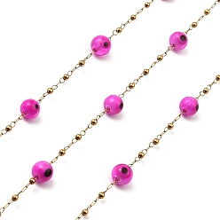 Magenta Evil Eye Lampwork Beaded Link Chains, with Golden 304 Stainless Steel Paperclip Chains, Soldered, with Spool, Magenta, 6mm, 2mm, about 32.81 Feet(10m)/Roll