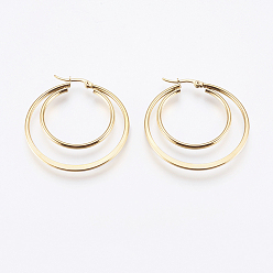 Golden 201 Stainless Steel Hoop Earrings, with 304 Stainless Steel Pin, Hypoallergenic Earrings, Double Ring, Golden, 12 Gauge, 45x44x2mm, Pin: 0.7x1mm