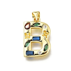 Letter B Латунные микропаве прозрачные подвески с фианитом, с целью перехода в кольце, без свинца и без кадмия, долговечный, стойки покрытие, письмо амулеты, реальный 18 k позолоченный, В письме, 19~21x9.5~20x2.7 мм, Перейти кольцо: 5x1 мм, 3 mm внутреннего диаметра.