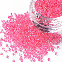 Hot Pink 8/0 Glass Seed Beads, Transparent Inside Colours, Round Hole, Round, Hot Pink, 8/0, 3~4x2~3mm, Hole: 0.8mm, about 15000pcs/bag