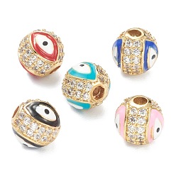 Mixed Color Brass Micro Pave Cubic Zirconia Charms, with Enamel,  Long-Lasting Plated, Flat Round with Evil Eye, Real 18K Gold Plated  , Mixed Color, 8mm, Hole: 2mm