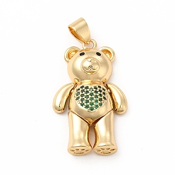 Green Rack Plating Brass Micro Pave Cubic Zirconia Pendants, Cadmium Free & Lead Free, Real 18K Gold Plated, Long-Lasting Plated, Mechanical Charm, Bear with Heart Charm, Green, 30x17x7mm, Hole: 3.5x4.5mm
