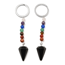 Obsidian Natural Obsidian Cone Pendant Keychain, with 7 Chakra Gemstone Beads and Platinum Tone Brass Findings, 108mm