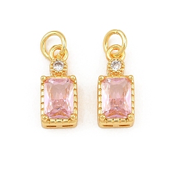 Pink Brass Pave Cubic Zirconia Charms, Rectangle Charms, Long-Lasting Plated, Rack Plating, Cadmium Free & Lead Free, Golden, Pink, 14x6x5mm, Hole: 3.5mm