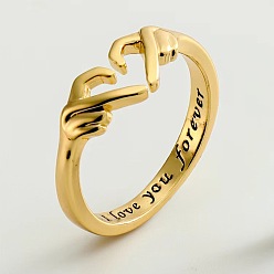 Golden Alloy Hand Heart Open Cuff Ring, Word I Love You Forever Rnig for Valentine's Day, Golden, Wide: 7.5mm