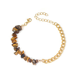 Tiger Eye Natural Tiger Eye Beaded Bracelets, with Stainless Steel Chains, 6-3/4 inch(17cm)