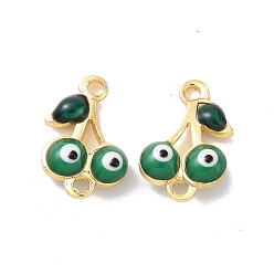 Green Brass Enamel Connector Charms, Real 18K Gold Plated, Cherry with Evil Eye Pattern, Green, 7.5x11.5x3mm, Hole: 1.2mm