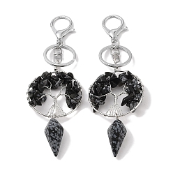 Snowflake Obsidian Natural Snowflake Obsidian Keychain, with Platinum Brass & Iron Findings, Long-Lasting Plated, Lead Free & Cadmium Free, Flat Round with Tree of Life, 15.7cm