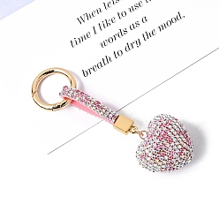 Light Rose PU Leather & Rhinestone Keychain, with Alloy Spring Gate Rings, Heart, Light Rose, 11.5x4.5cm