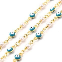 Teal Enamel Evil Eye Link Chains, with Imitation Pearl Beaded & Brass Findings, Soldered, Real 18K Gold Plated, with Spools, Teal, 4.5x9.5x4mm, 13x4mm