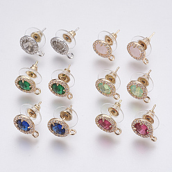 Mixed Color Faceted Glass Stud Earring Findings, with Loop, Brass Micro Pave Cubic Zirconia Findings, Flat Round, Mixed Color, 12x9x4mm, Hole: 1.2mm, Pin: 0.8mm