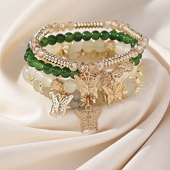 Green 4Pcs 4 Style Glass Round Beaded Stretch Bracelets, Stackable Bracelets with Butterfly Charms, Green, Inner Diameter: 2-1/8 inch(5.5cm), 1Pc/style