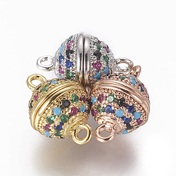 Mixed Color Brass Micro Pave Cubic Zirconia Magnetic Clasps with Loops, Round, Colorful, Mixed Color, 13.5x8.5mm, Hole: 1.2~1.4mm