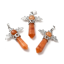 Red Aventurine Natural Red Aventurine Pendants, Angel Charms, with Rack Plating Platinum Tone Brass Findings, Cadmium Free & Lead Free, 52~53x37x11mm, Hole: 8x5mm