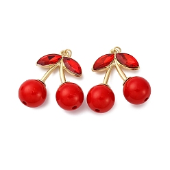 Красный Латунь стекло кулоны, вишня, с абс пластмассовой имитационной жемчужиной, с петлей-кольцом, без кадмия и без свинца, стойки покрытие, долговечный, реальный 18 k позолоченный, красные, 38x35.5x15.5 мм, отверстие : 3.5 мм