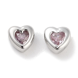 Pink Латунные микро проложить кубического циркония бусы, платина, сердце, розовые, 5.5x5.5x3.5 мм, отверстие : 1 мм
