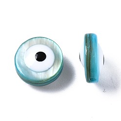Cyan Freshwater Shell Beads, with Enamel, Dyed, Flat Round with Evil Eye, Cyan, 7.5~8.5x3.5~5mm, Hole: 0.8mm