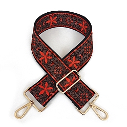 Red Polyester Jacquard Flower Bag Straps, with Golden Plated Alloy Swivel Clasps, Red, 80~130x5cm