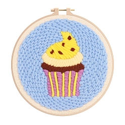 Gold Ice Cream Pattern Punch Embroidery Beginner Kits, including Embroidery Fabric & Hoop & Yarn, Punch Needle Pen, Threader, Instruction, Gold, 150mm